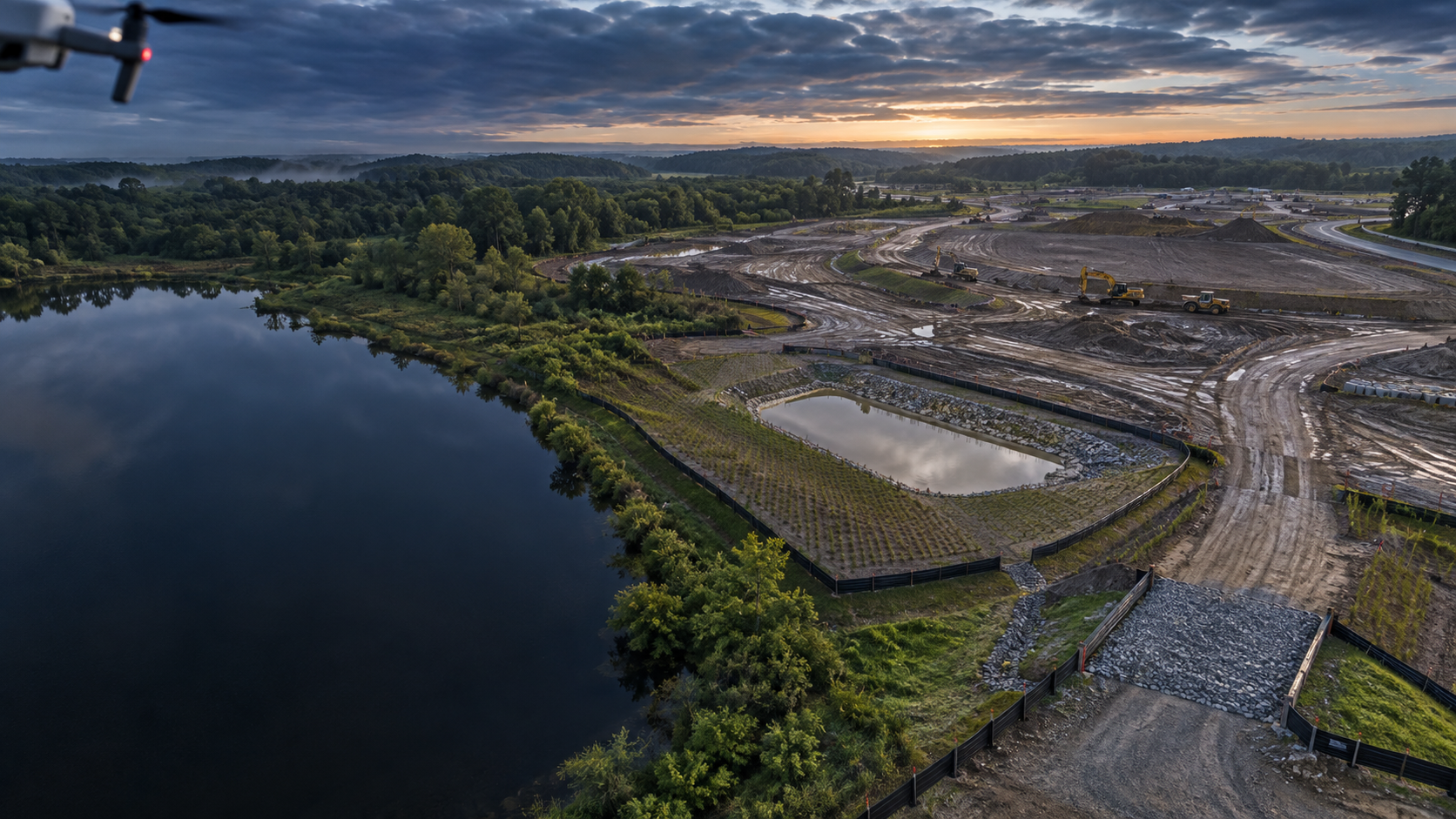 Illustrative aerial view of a construction site, drainage controls, and a sediment basin